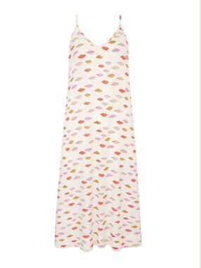 Silk Slip Dress Daydress Bisous Lip Print Spaghetti Strap Midi Size S